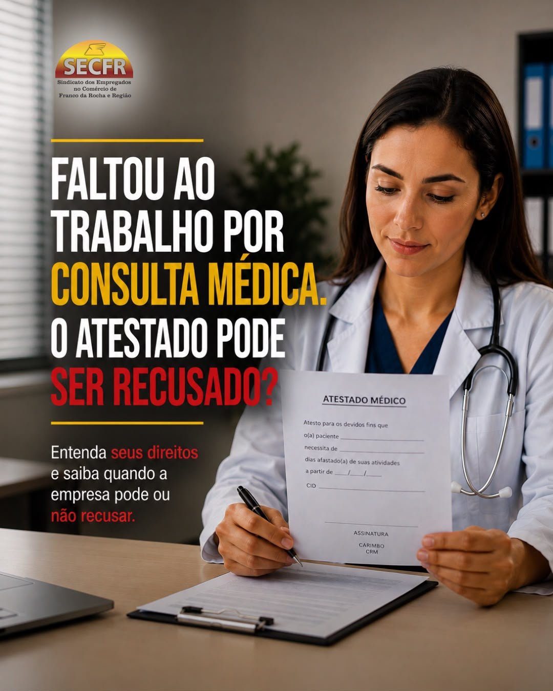 O atestado médico, quando emitido por profissional habilitado e atendendo aos requisitos legais, deve ser analisado pela empresa. A recusa não pode acontecer de forma arbitrária.